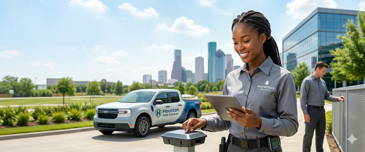 Two Houston-based pest control technicians on a field job, with their truck in the background