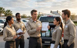 A group of pest control technicians discussing salary in Florida and Texas