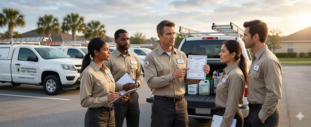 A group of pest control technicians discussing salary in Florida and Texas