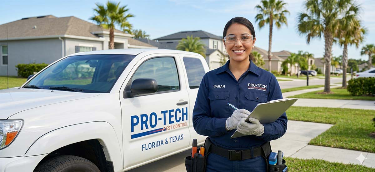 A pest control technician hired in Florida standing by her white car