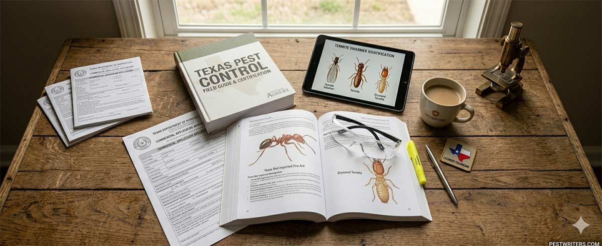Texas Pest Control Exam study kit with books and forms on a table