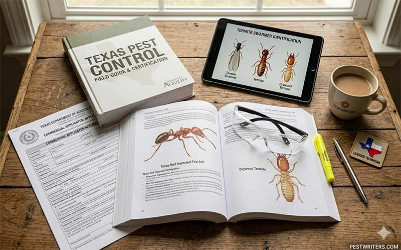 Texas Pest Control Exam study kit with books, coffee, badge, and forms on a table