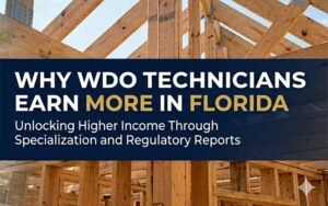 Timber construction at risk from termites, showing Why WDO Technicians earn more in Florida because of the risks