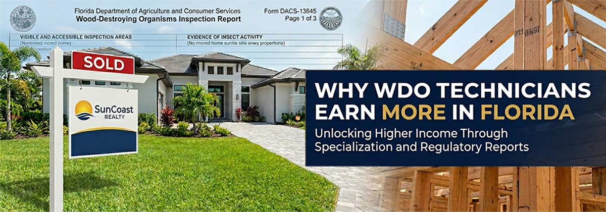 A house for sale merged with timber construction, showing Why WDO Technicians earn more in Florida because of the risks