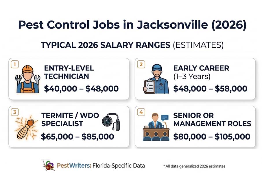 Infographic from Pestwriters showing 2026 pest control technician salaries in Jacksonville