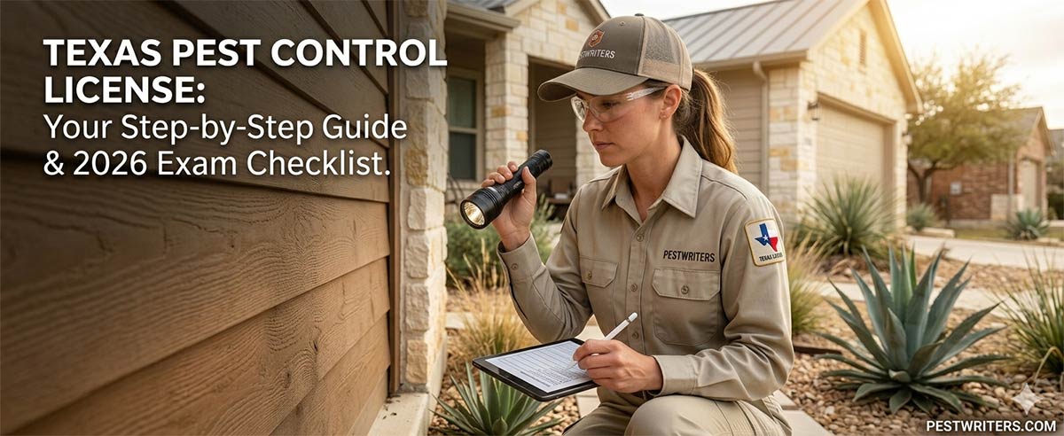 Pest control technician holding a torch doing practical test for her exam