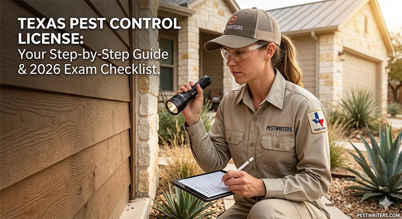Pest control technician in brown uniform doing practical test for her exam